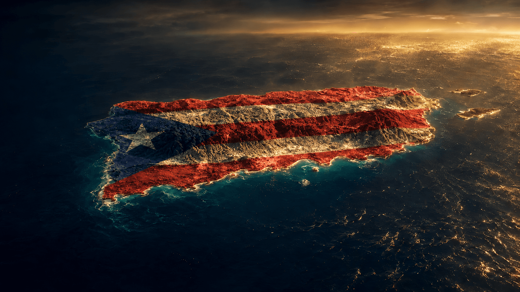 Isla de Puerto Rico con su bandera al atardecer